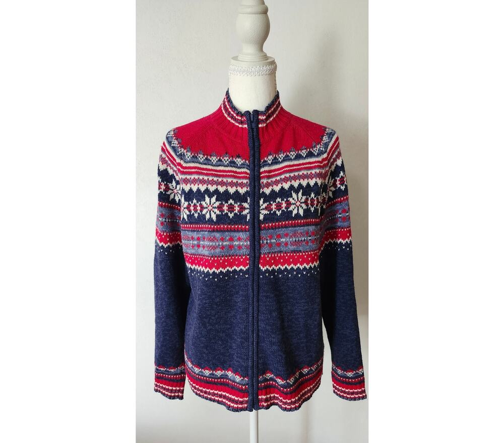 Vintage Tiara International Fair Isle Full Zip Cardigan Sweater Navy Red White M
